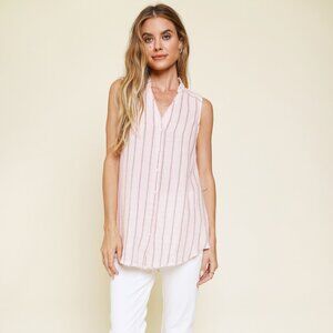 Mystree Blush Pink Striped Sleeveless Button Front Tunic Top Raw Frayed Edge